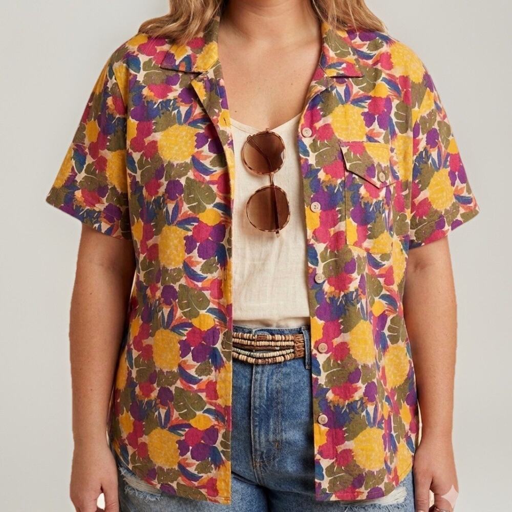 VTG Pineapple Fruit Print Camp Shirt Unisex XL Tropical Aloha Tiki Maximalist